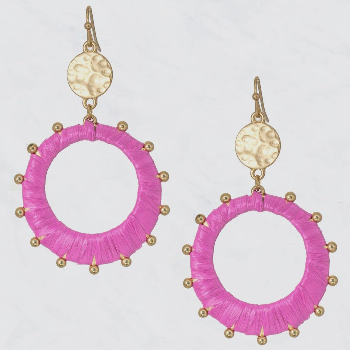 Pink Rafia Wrapped Hammered Coin Dangle Earrings