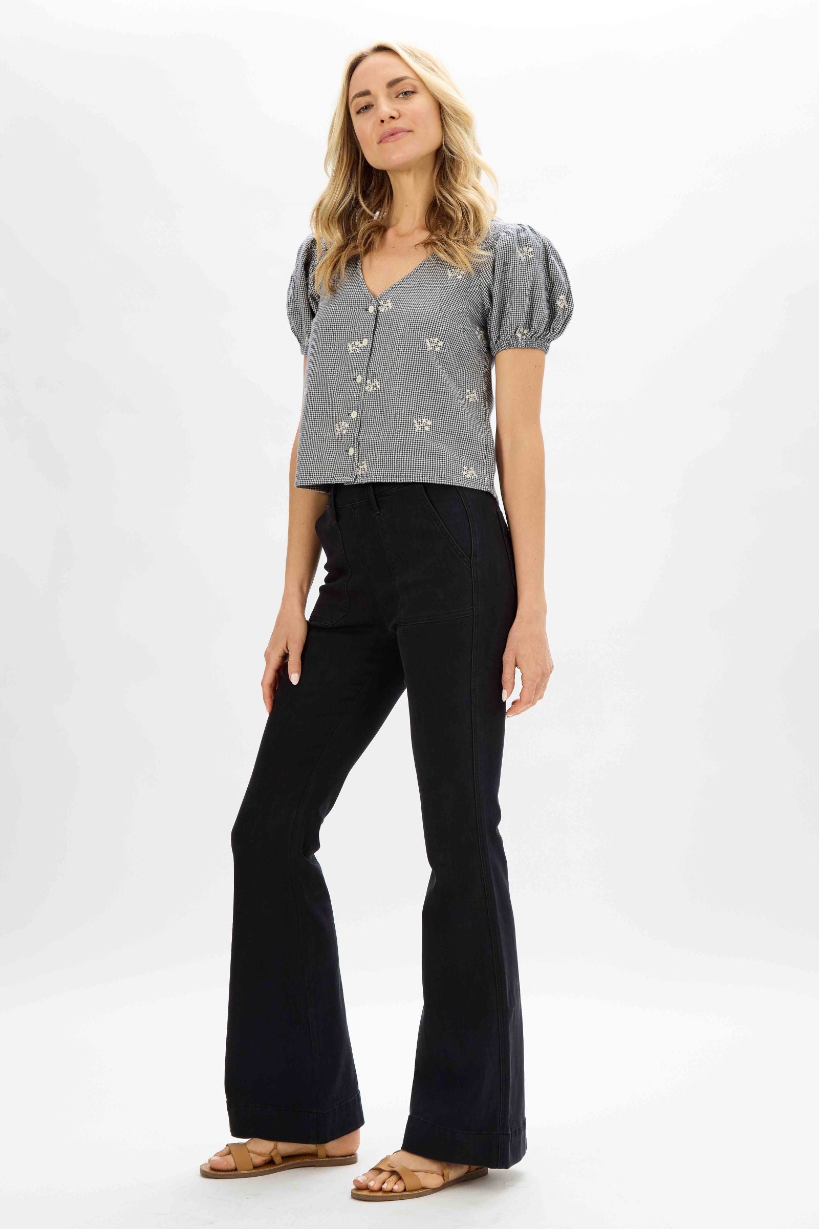 Judy Blue Denim Black High Waist Elastic Pull On Trouser Flare