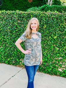 Camo Tied Knot Cut Out Top-PLUS