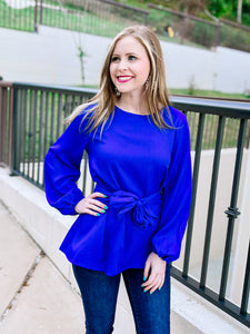 Royal Blue Tie Waist Bow Blouse