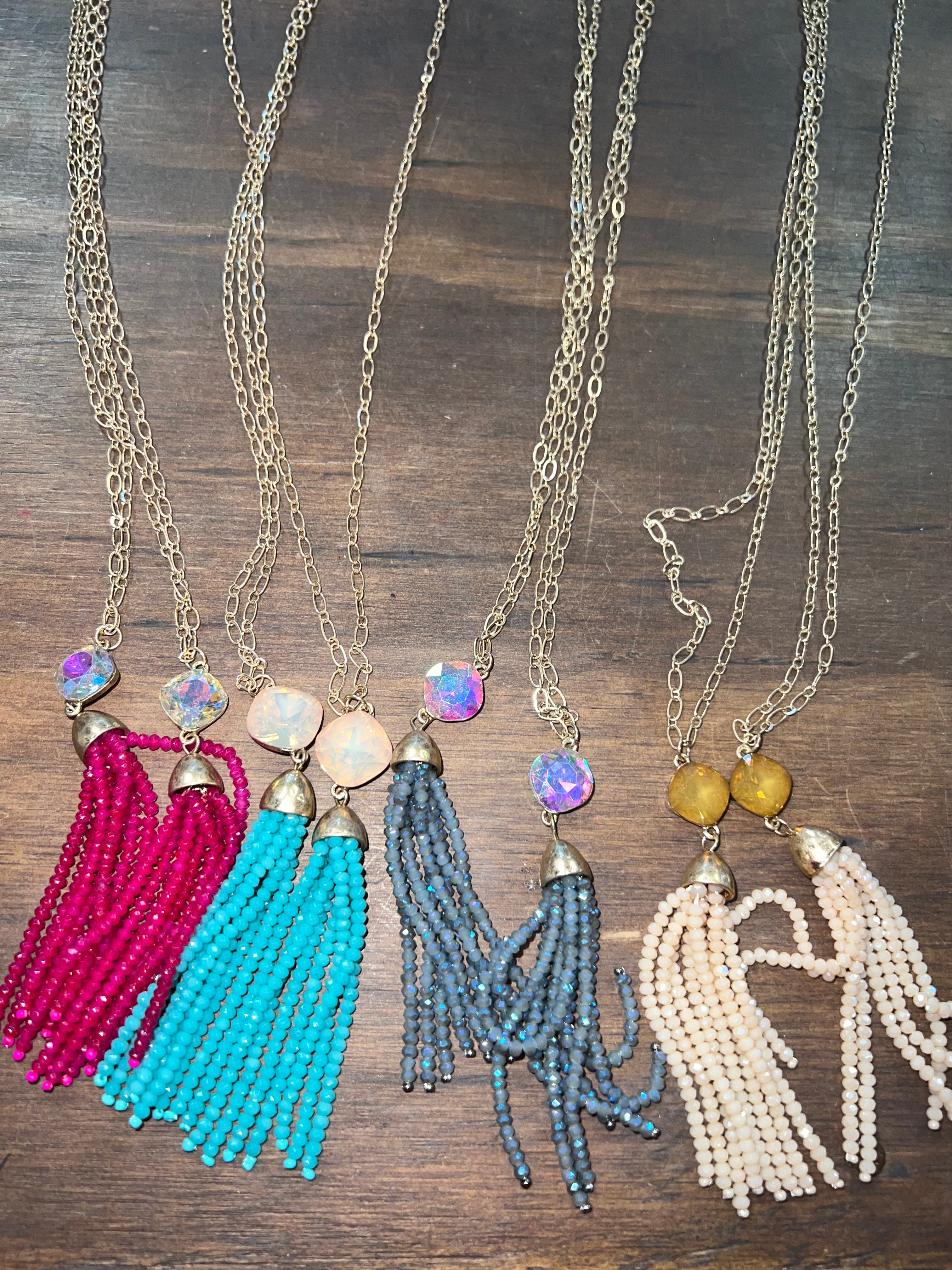 Beaded Tassel Fringe Gem Stone Necklace