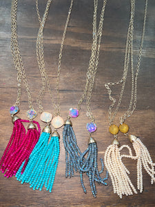 Beaded Tassel Fringe Gem Stone Necklace