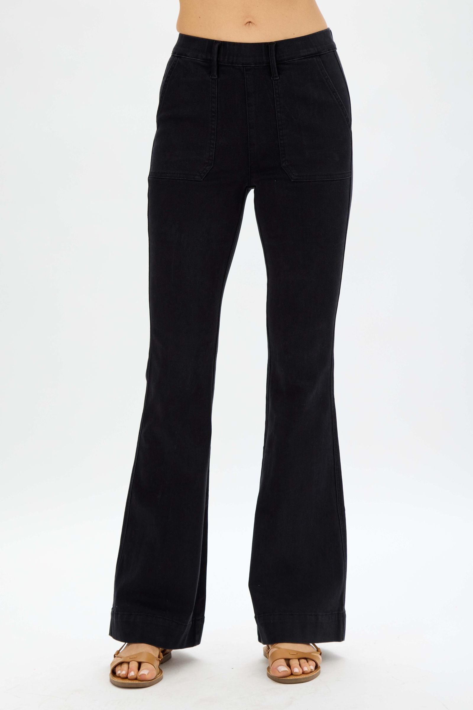 Judy Blue Denim Black High Waist Elastic Pull On Trouser Flare