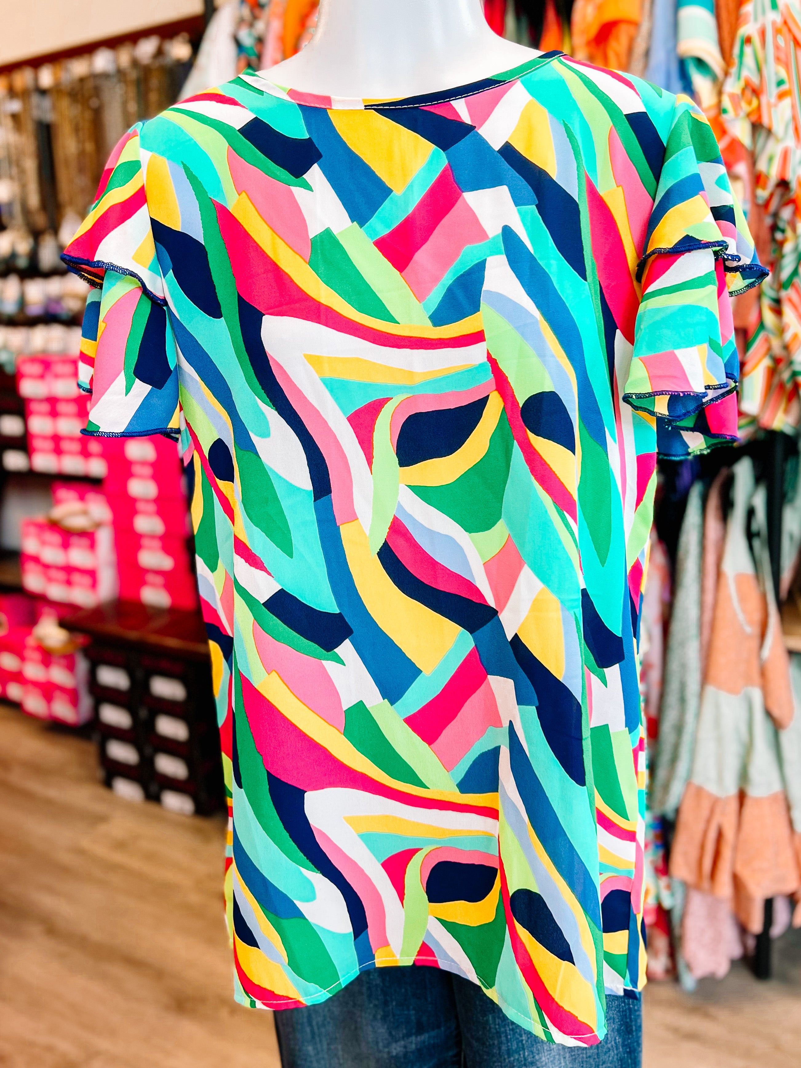 Green Navy Geometric Rufle Top- PLUS- SALE- 1X AVAILABLE