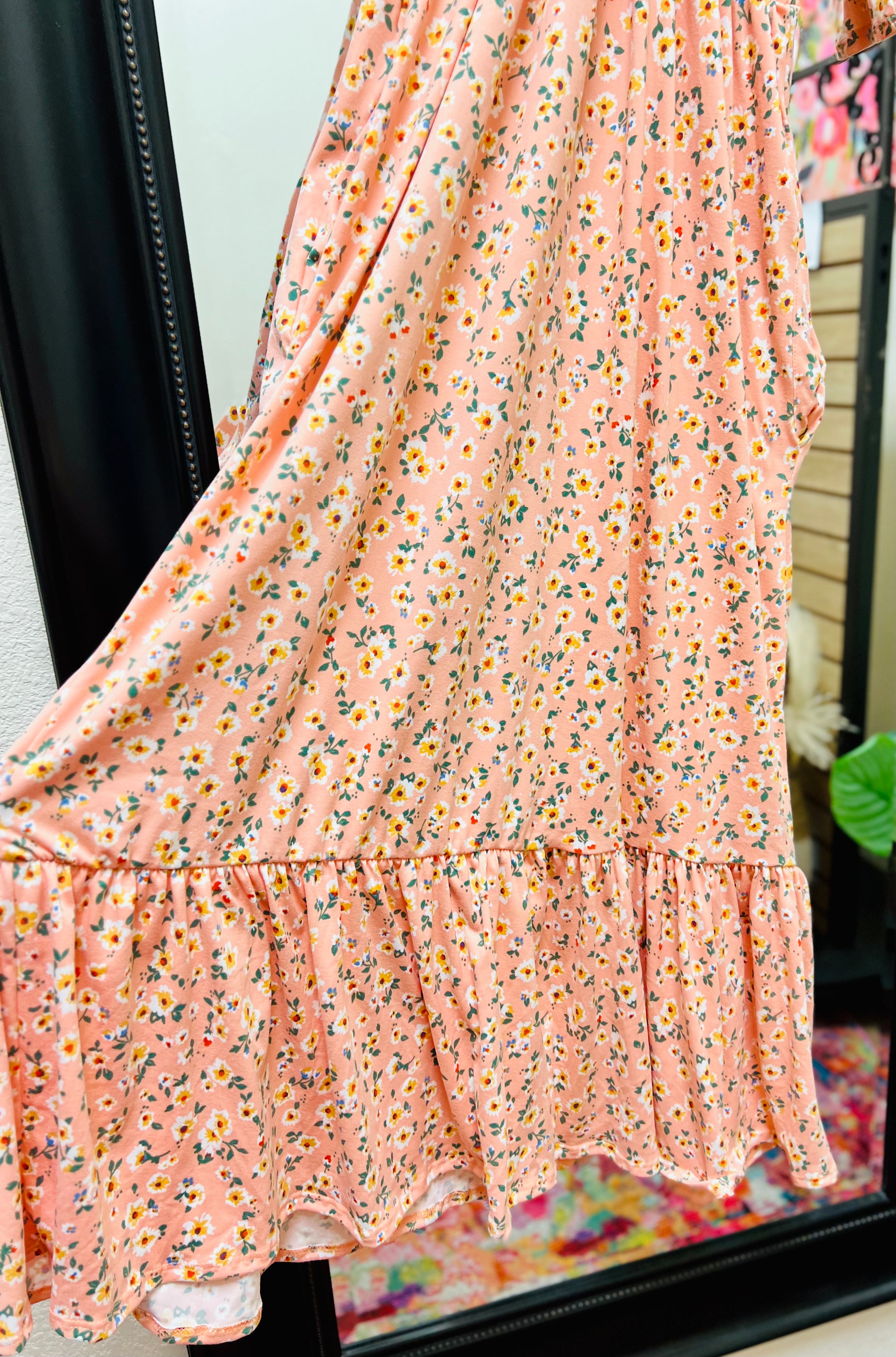 Peach Floral Surplice Elastic Waist Ruffle Maxi Dress-PLUS