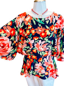 Navy Coral Floral Peplum Blouse