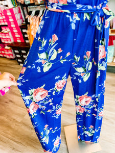 Blue Floral Off/On Shoulder Jumpsuit