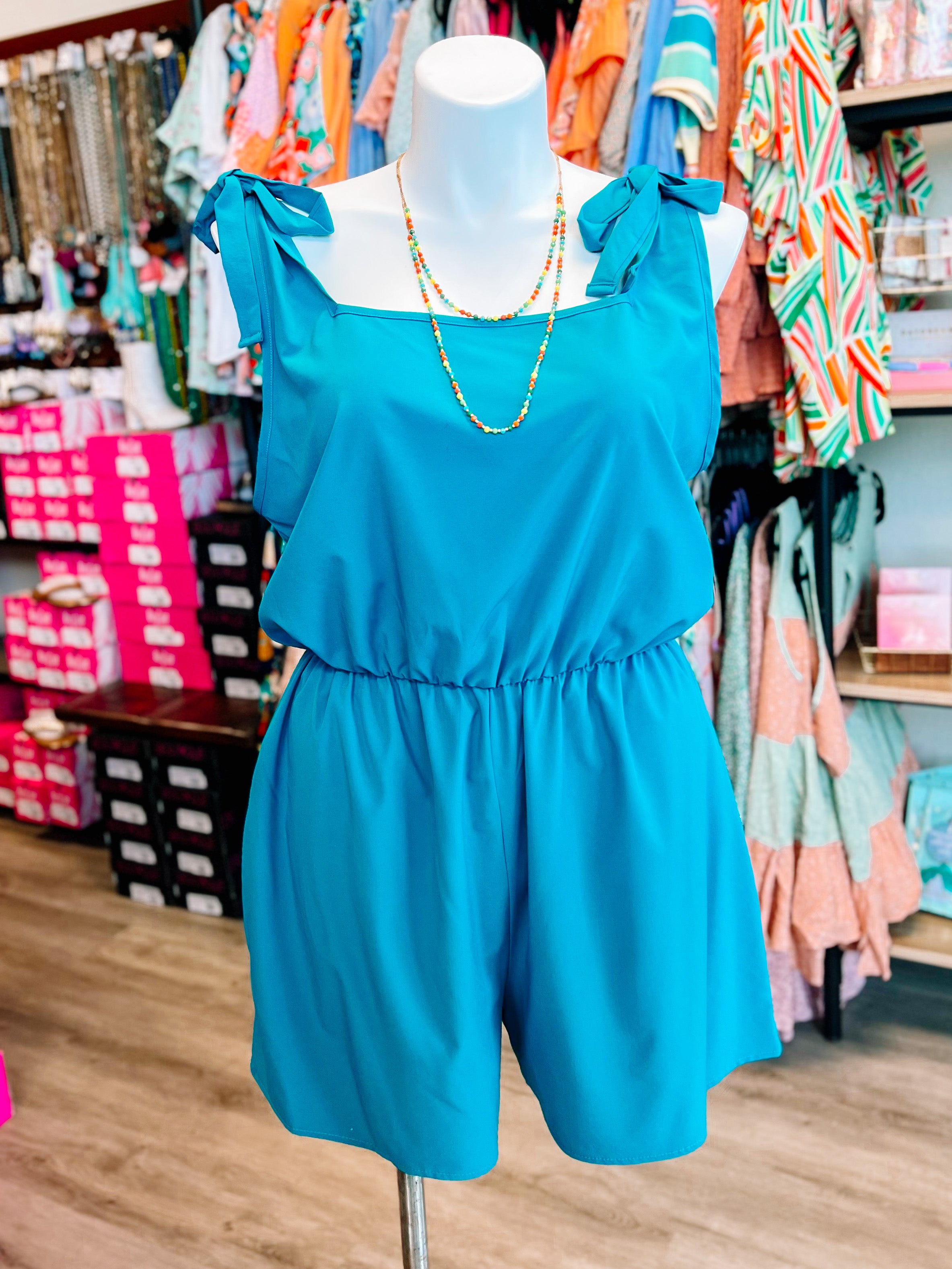 Teal Woven Tie Knot Bow Romper-PLUS