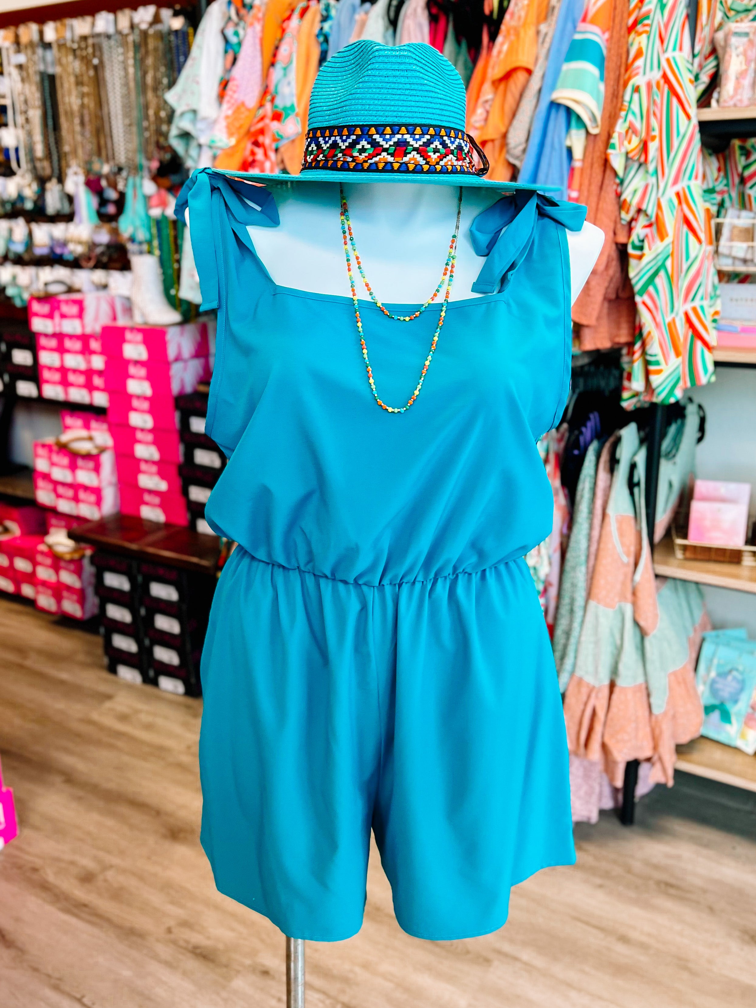 Teal Woven Tie Knot Bow Romper-PLUS