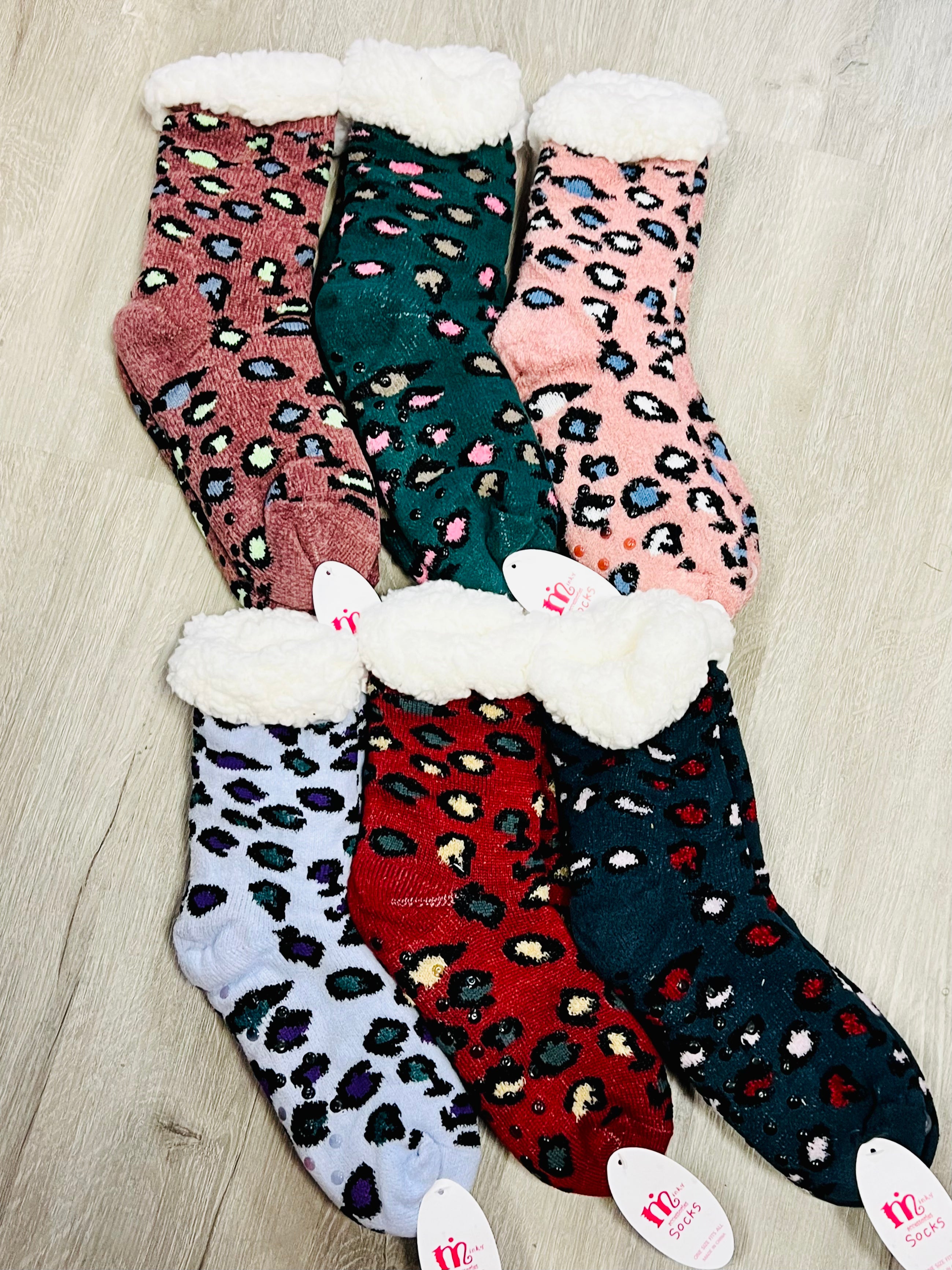 Leopard Fuzzy Non-Slip Grip Sherpa Lined LUXE Socks