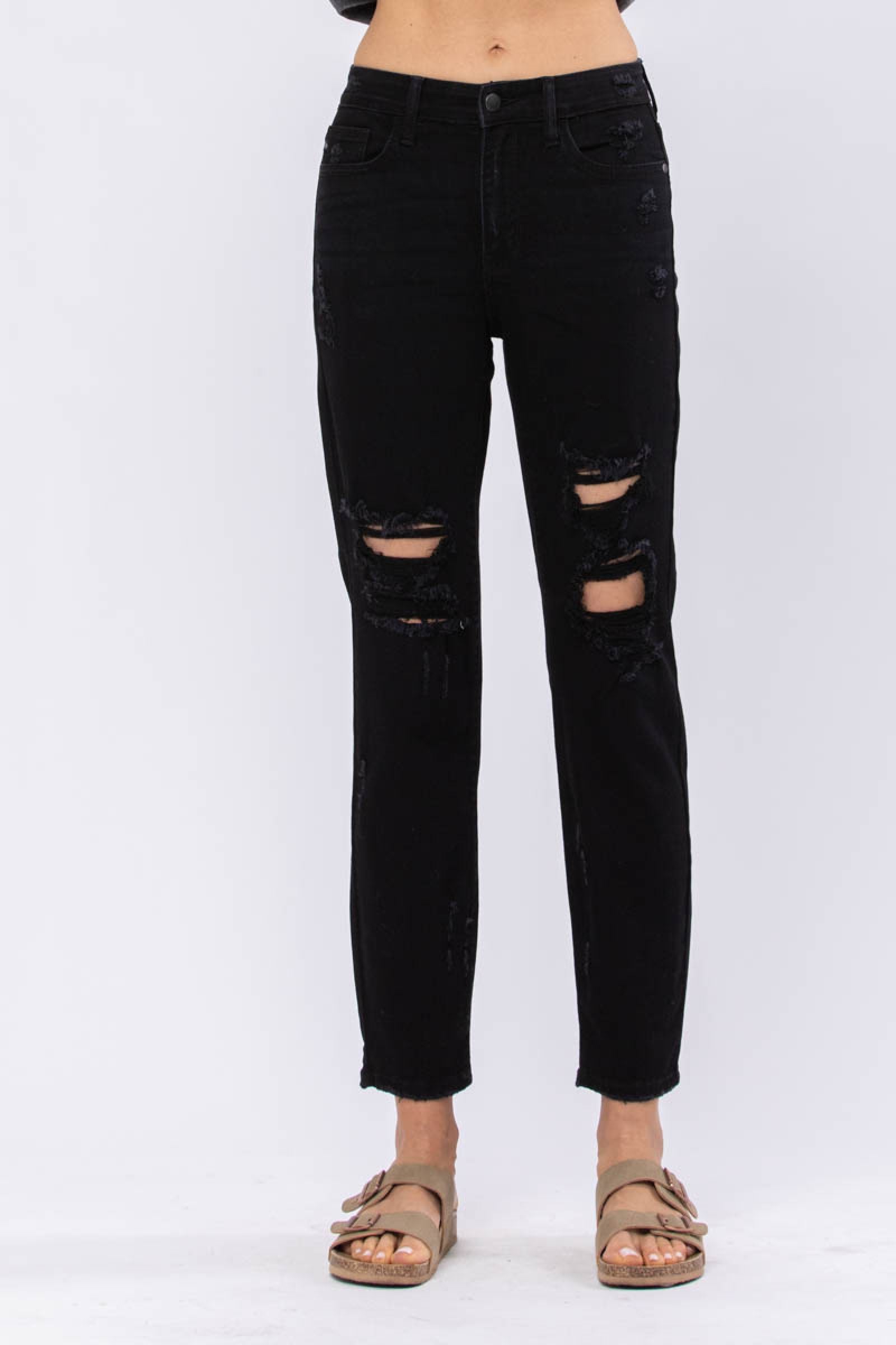 Black Hi Waist Destroyed Boyfriend Judy Blue Denim-PLUS