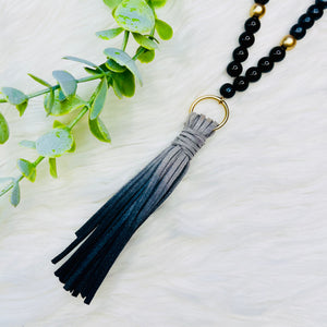 Wood Beaded Fabric Chain Tassel Necklace