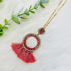 Rhinestone Bling Round Tassel Necklace