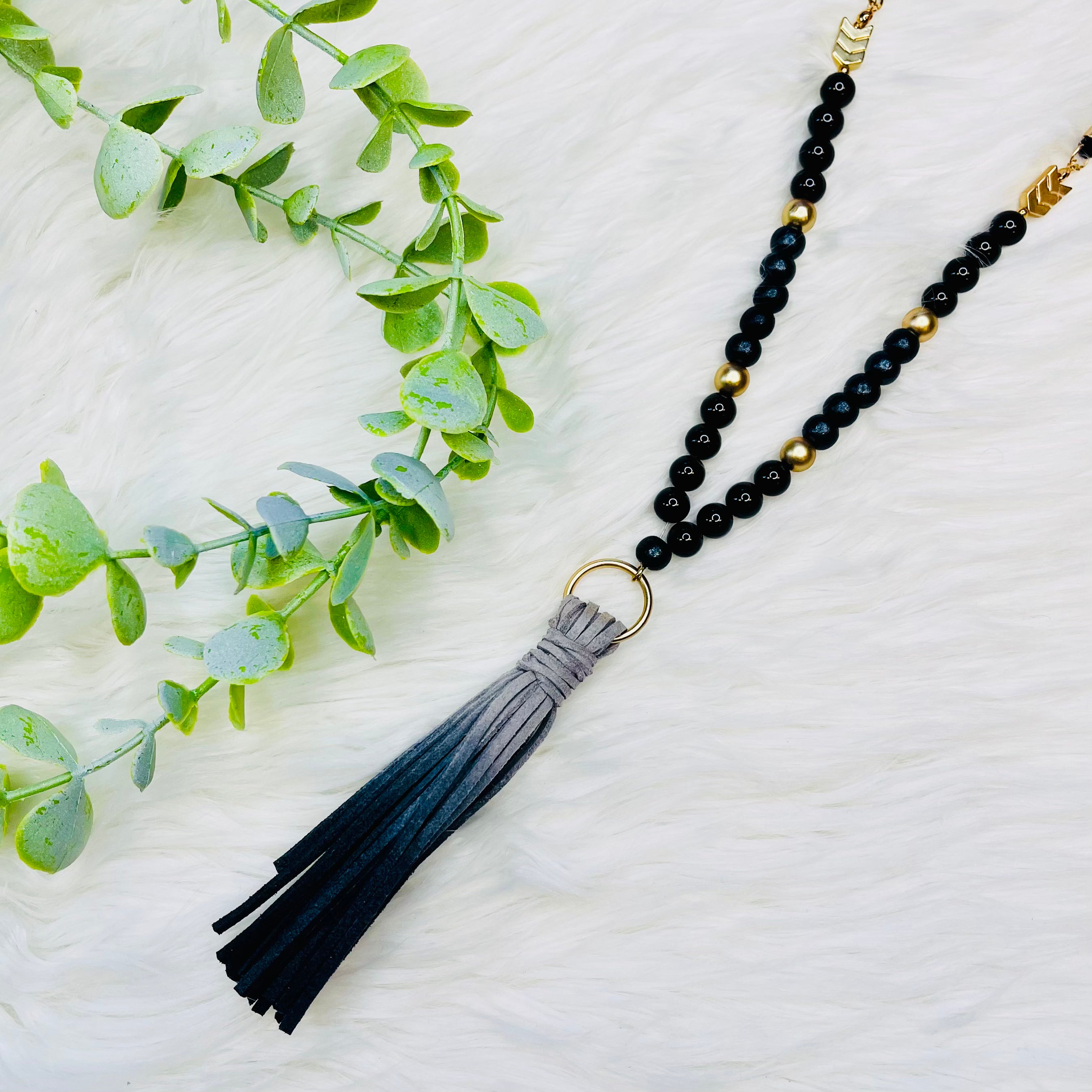 Wood Beaded Fabric Chain Tassel Necklace