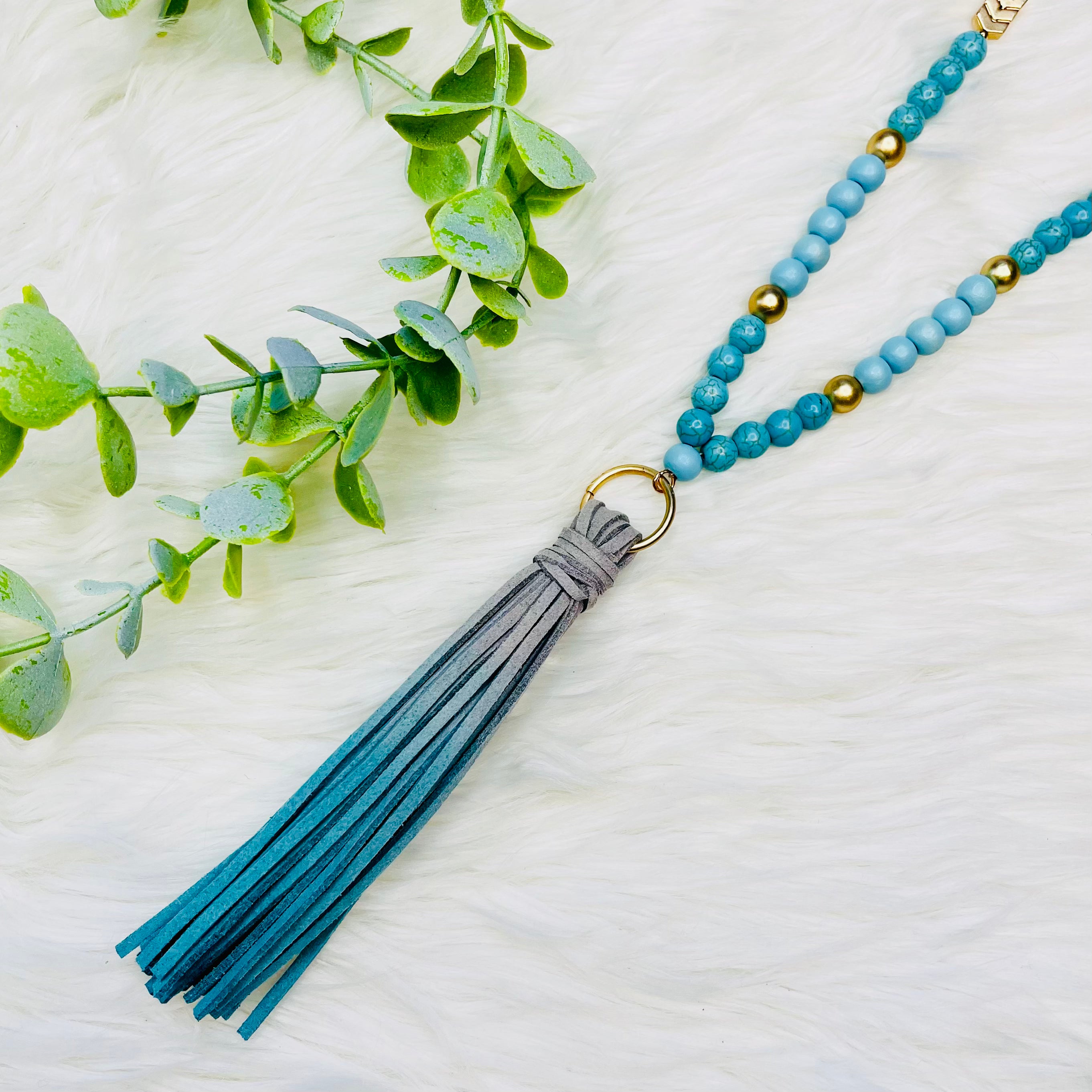 Wood Beaded Fabric Chain Tassel Necklace