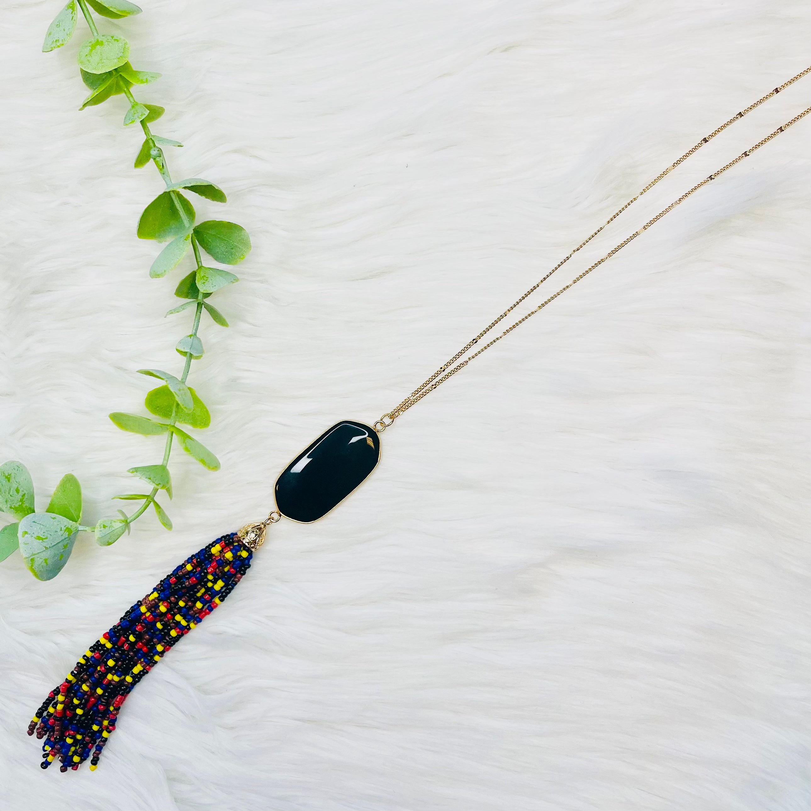 Black Seed Bead Multi Tassel Oval Necklace