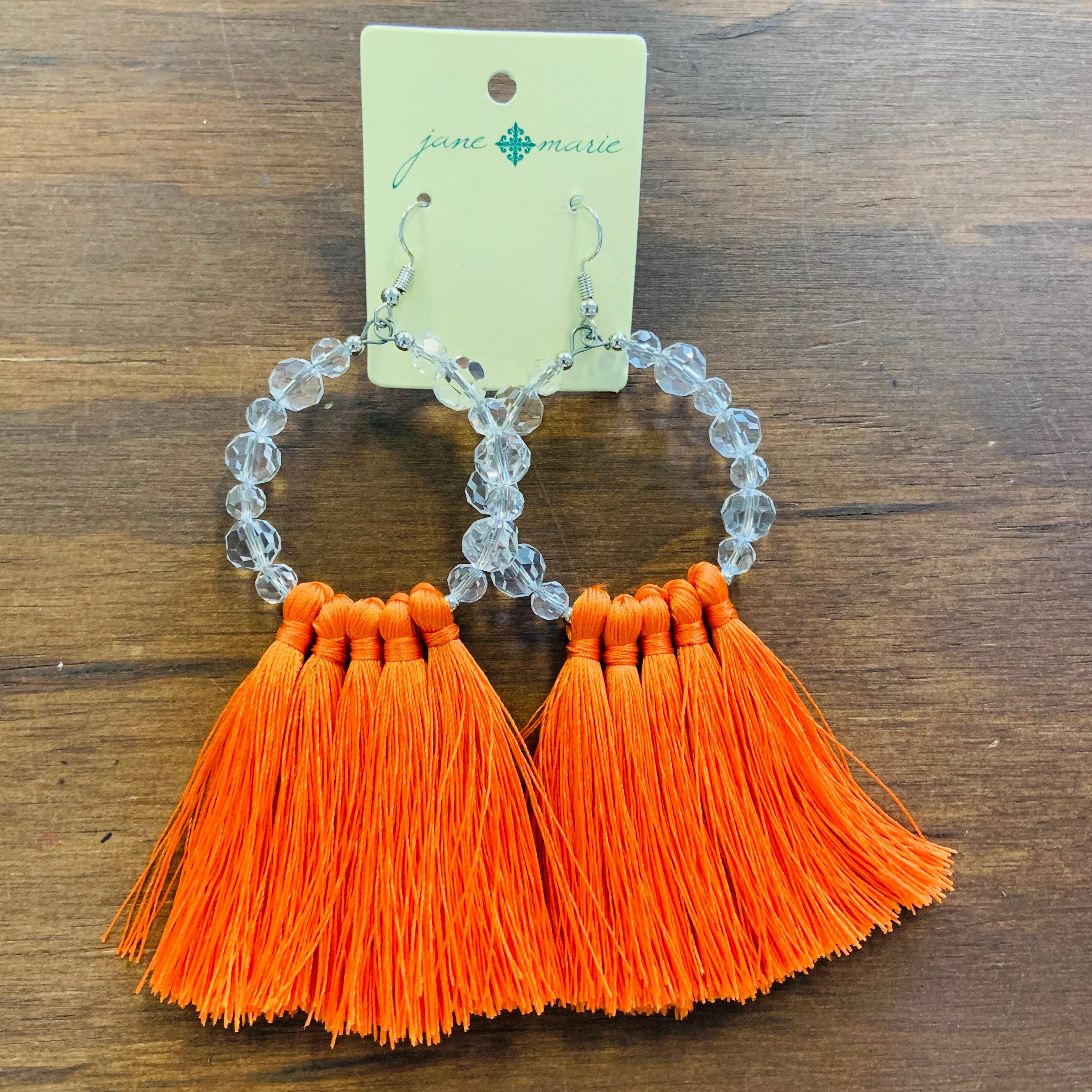 Orange Clear Beaded Tassel Earrings