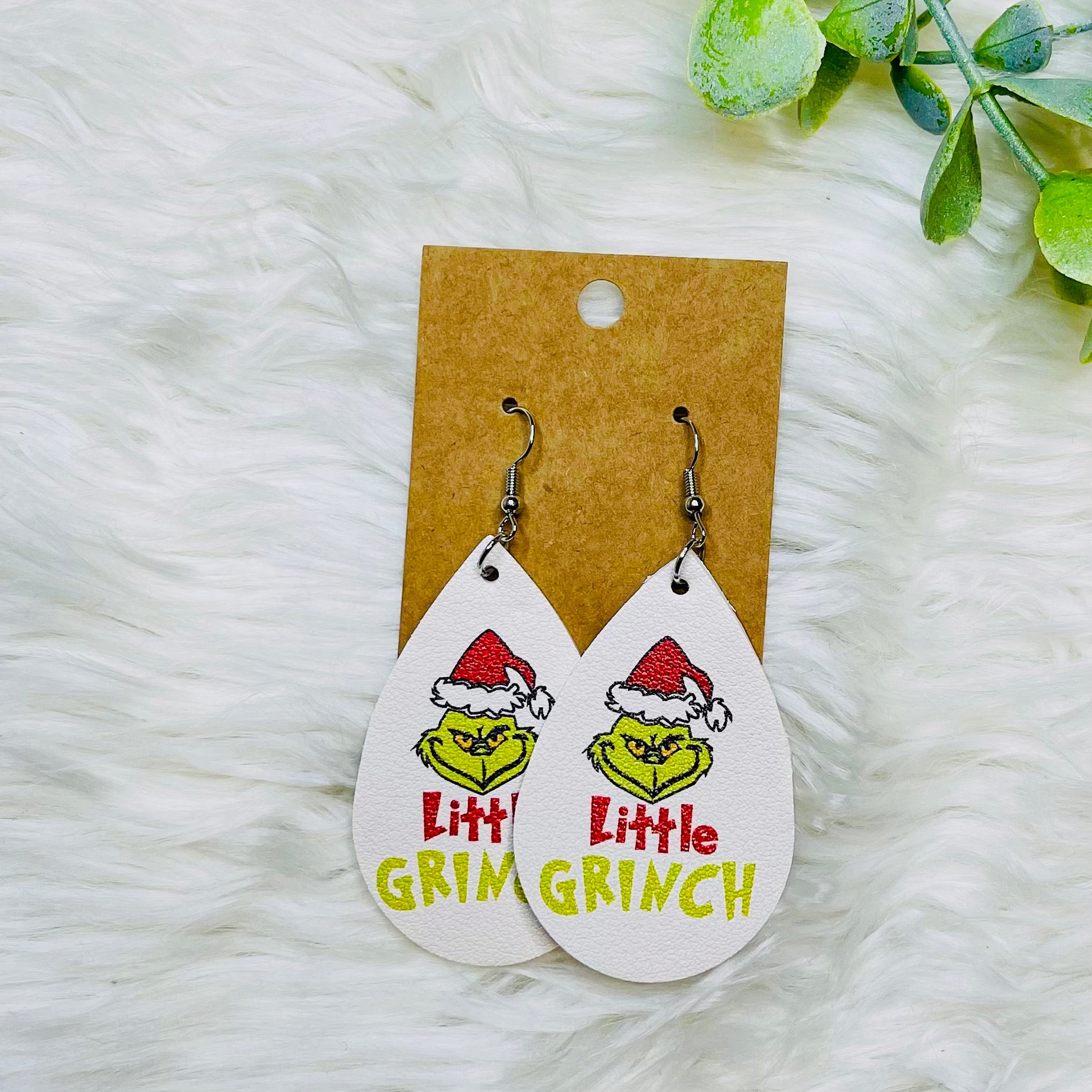 Grinch Faux Leather Teardrop Earrings