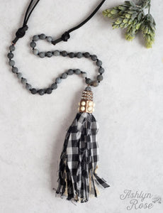 BLACK PLAID WOVEN TO YOU GINGHAM TASSEL NECKLACE