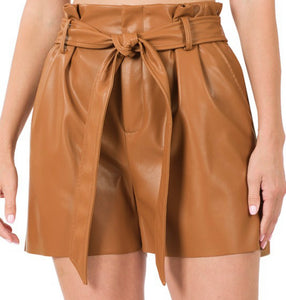 Vegan Leather Tie Waist Paperbag Shorts- XSMALL