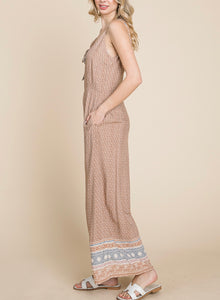 TAUPE PRINTED STRAPPY FLARE PANT JUMPSUIT