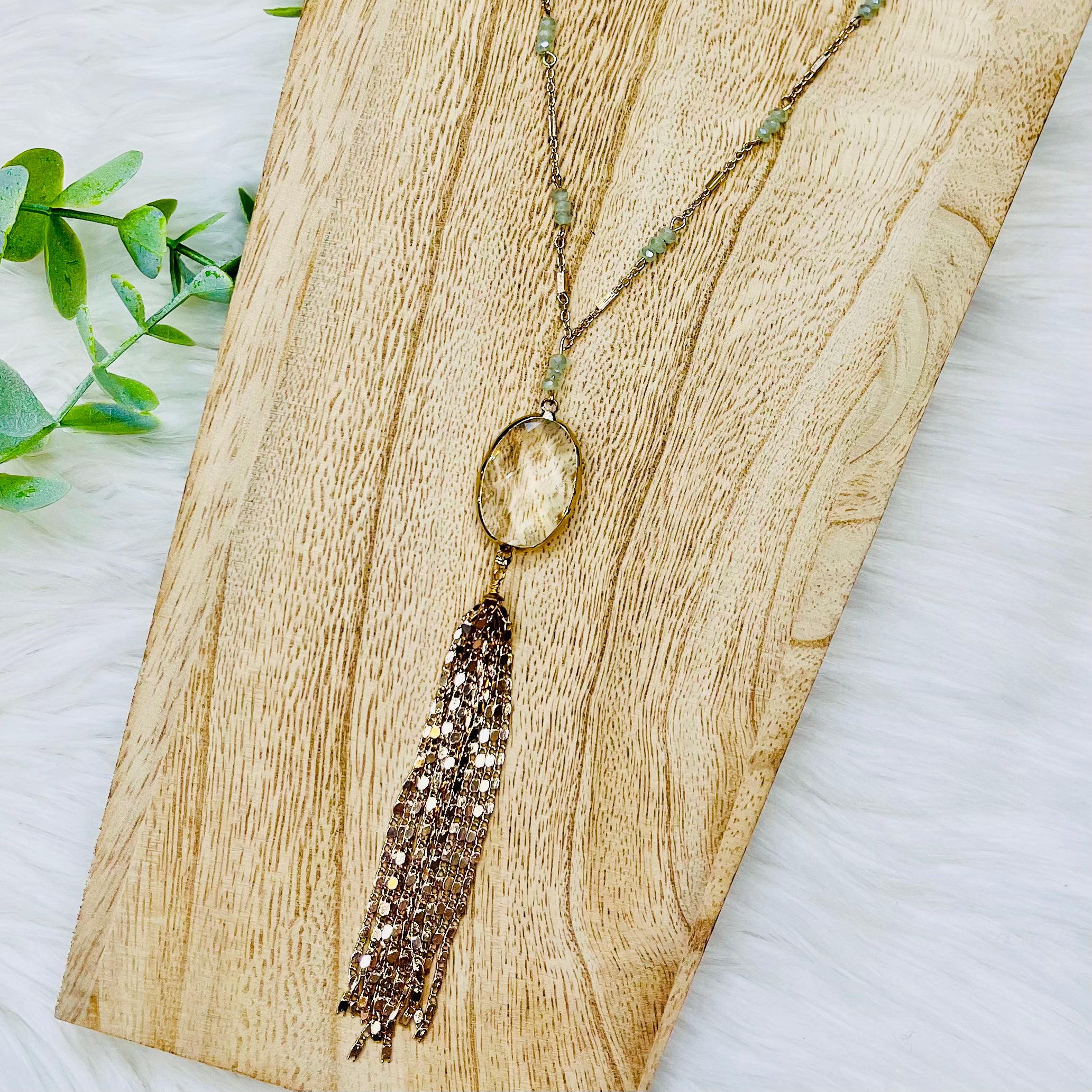 Mint Beaded Gold Delicate Tassel Necklace