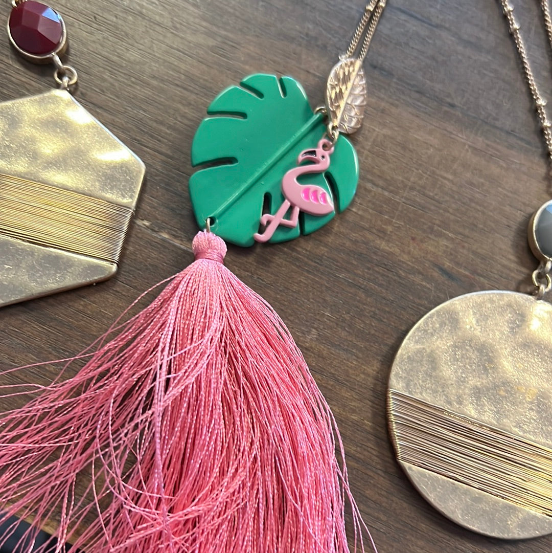 Pink Flamingo Tassel Feather Necklace