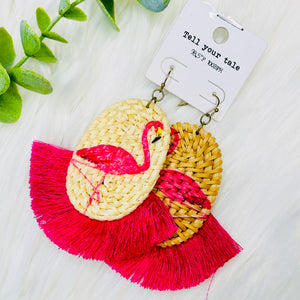 Basket Weave Pink Fan Flamingo Earrings