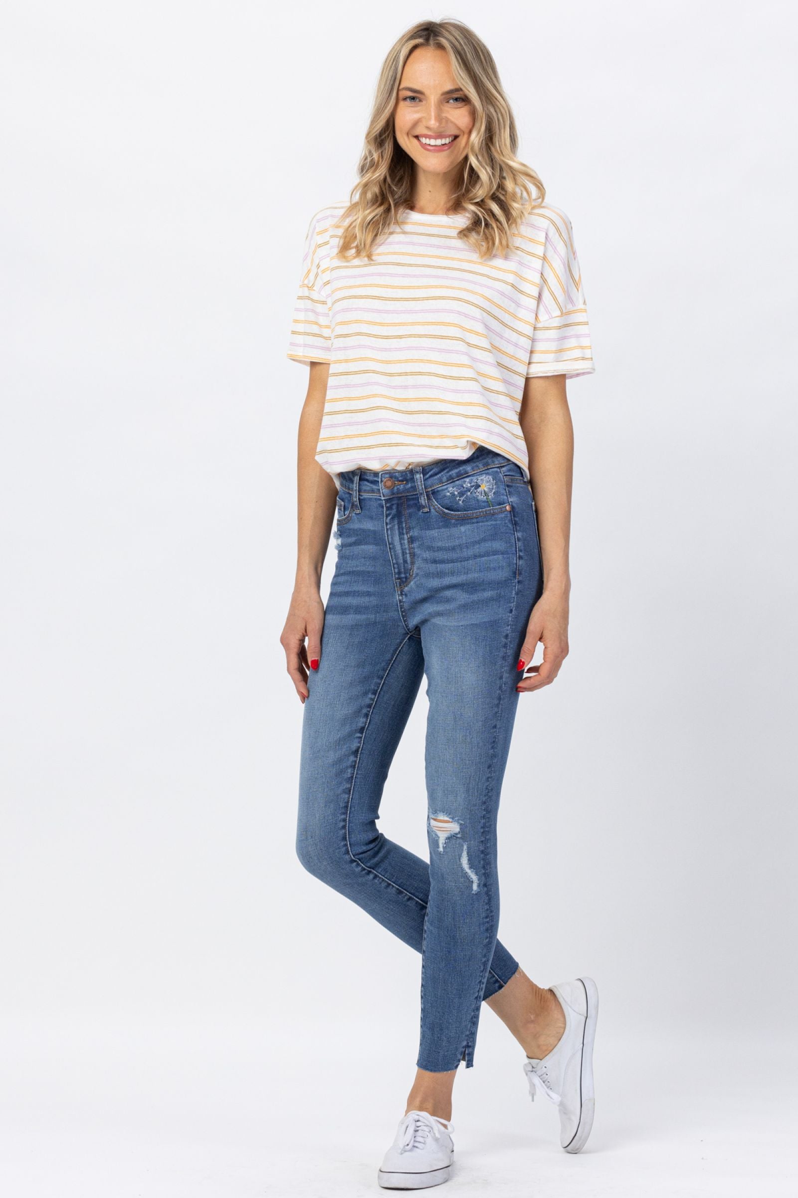 Hi Waisted Dandelion Embroidery Skinny Medium Wash Judy Blue Denim-PLUS