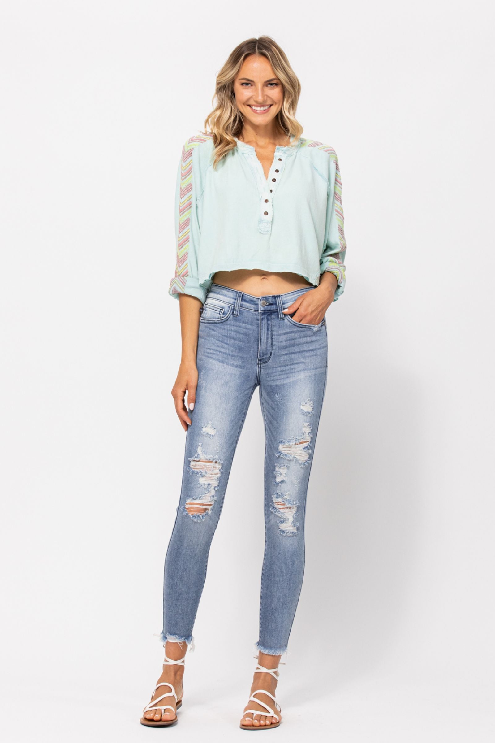 Judy Blue Medium Wash Mid Rise Skinny Destroyed Jeans - PLUS