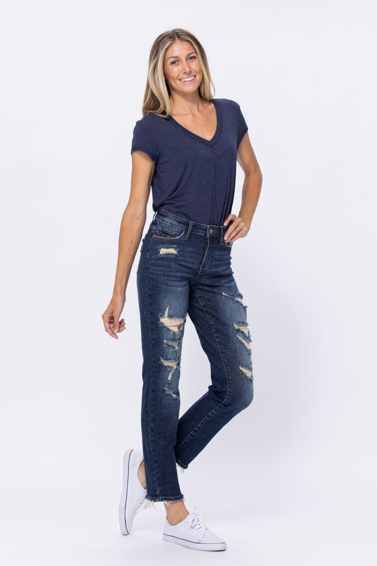 Judy Blue Darkwash Mid Rise Destroyed Boyfriend Jeans - PLUS