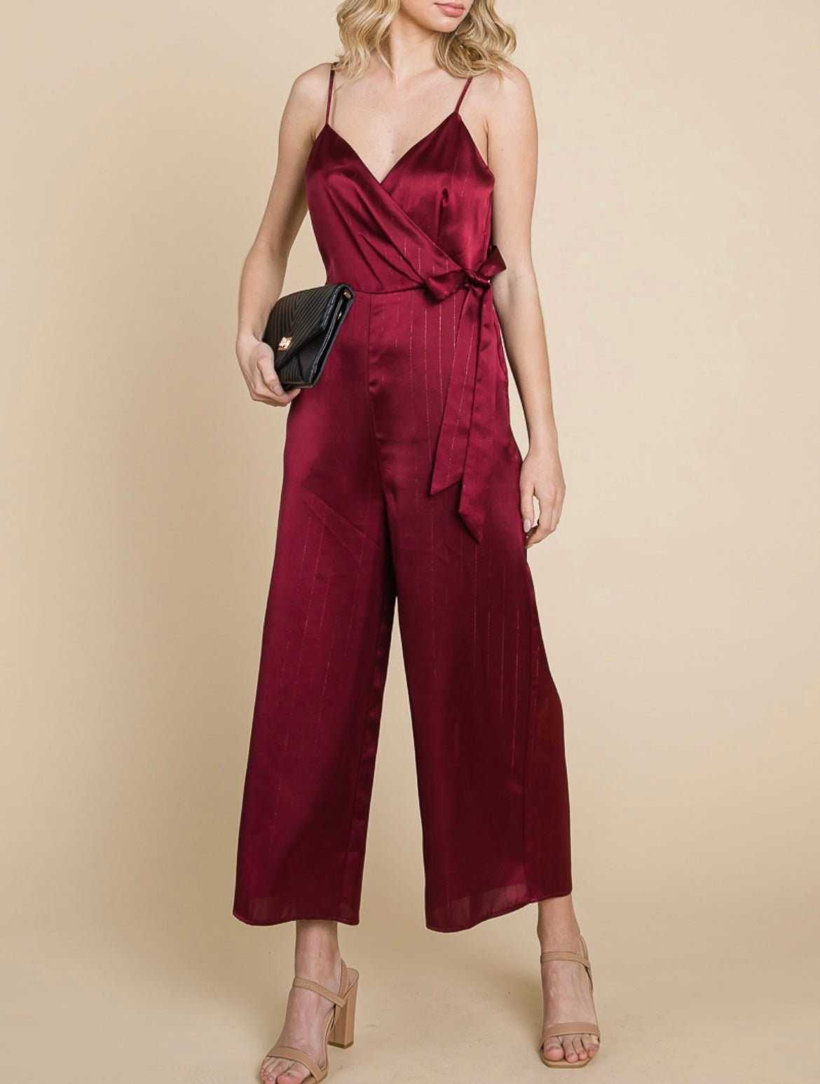 MAROON SATIN SHIMMER STRIPED JUMPSUIT