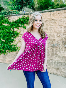 Berry Pink Animal Printed Flouncy Vneck Top