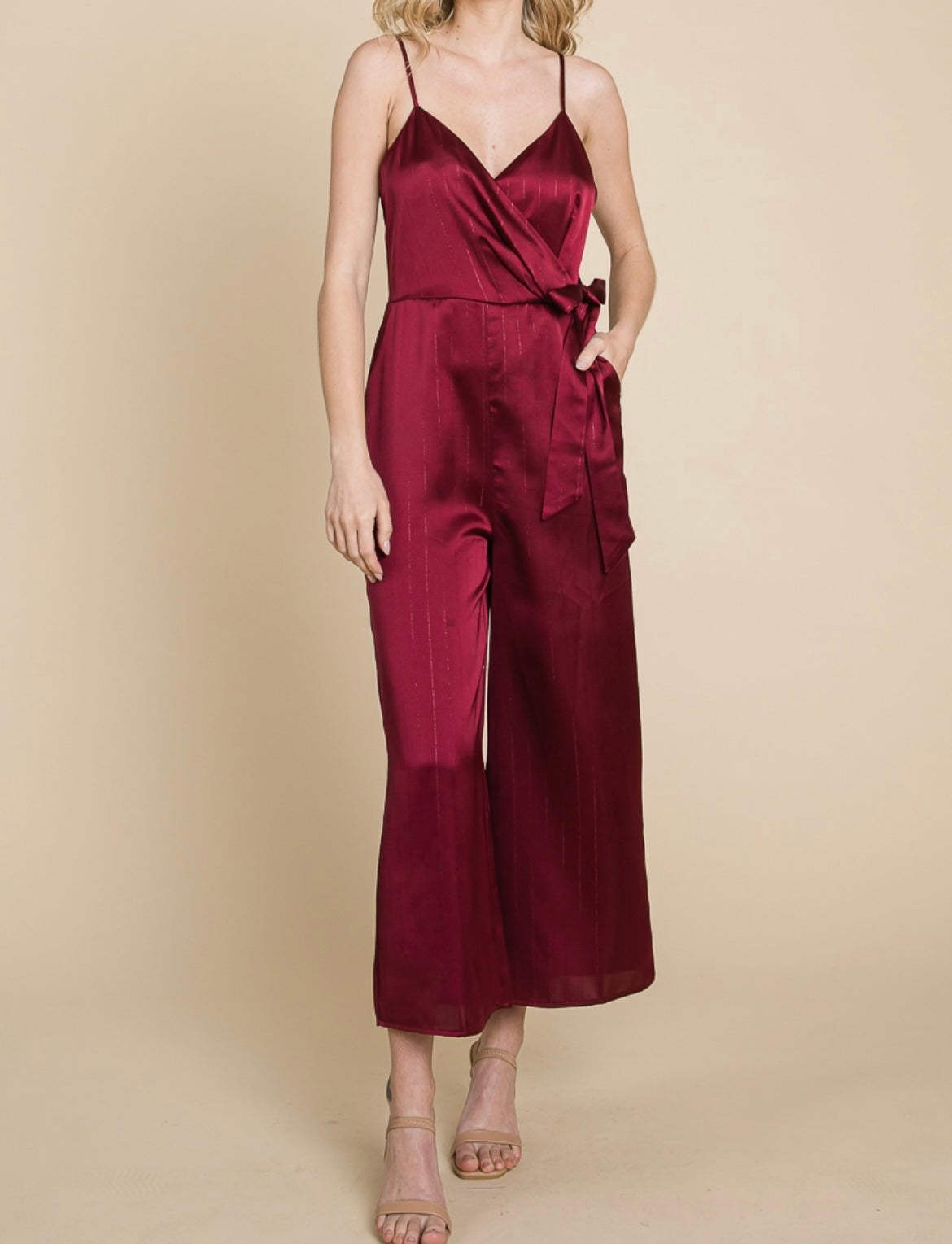 MAROON SATIN SHIMMER STRIPED JUMPSUIT