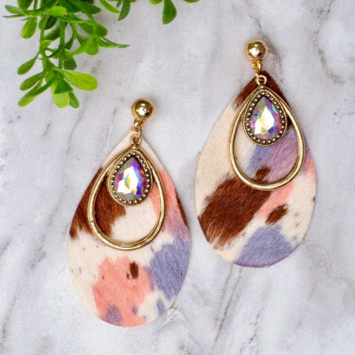 Pastel Cowhide Teardrop Earrings