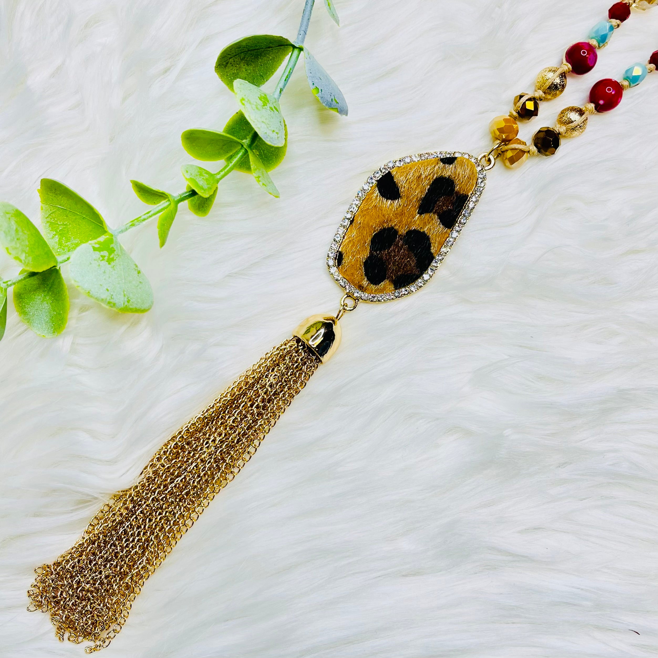 Leopard Teal Red Beaded Tassel Necklace