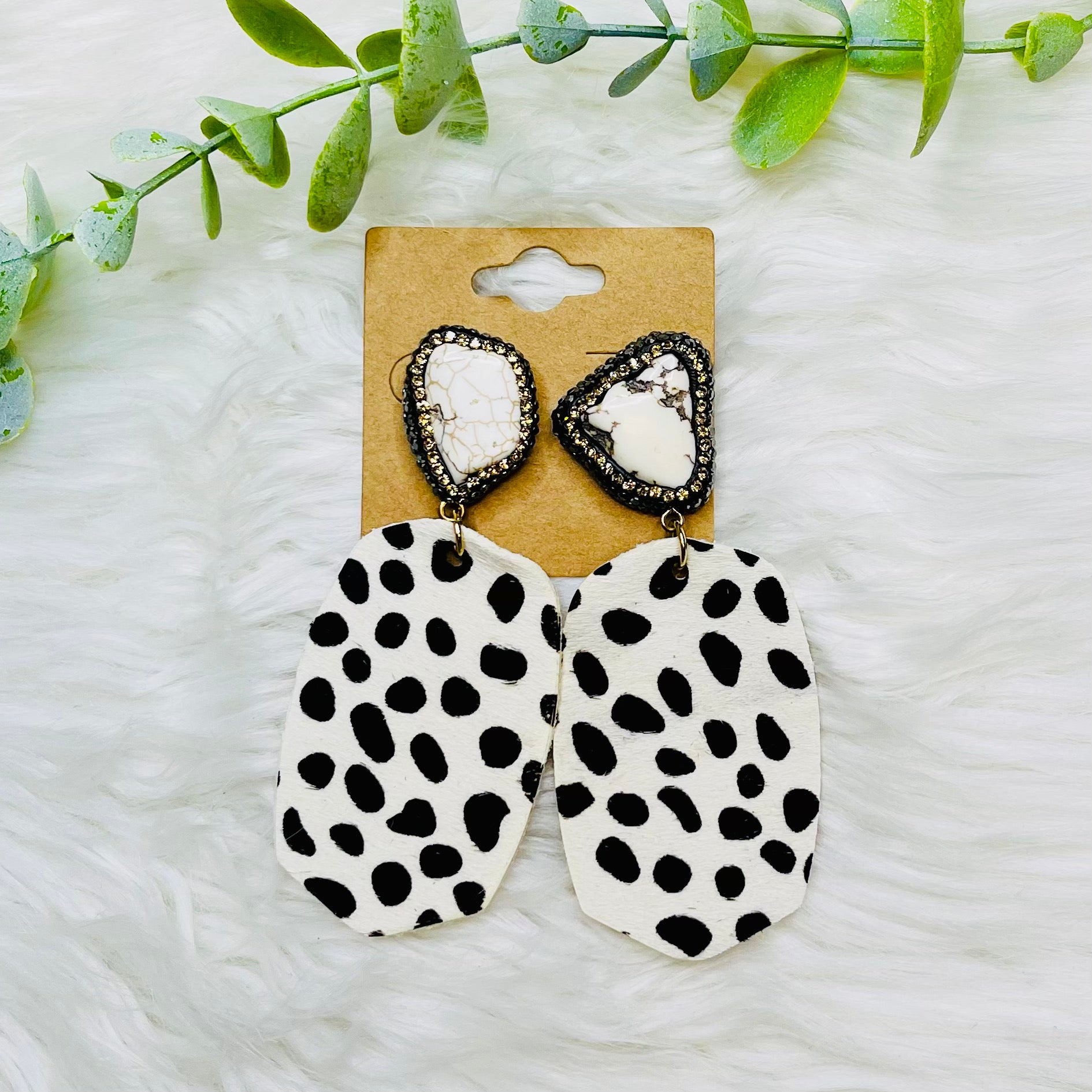 White Leopard Oval Stone Earrings