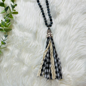 Woven Black Gingham Tassel Necklace