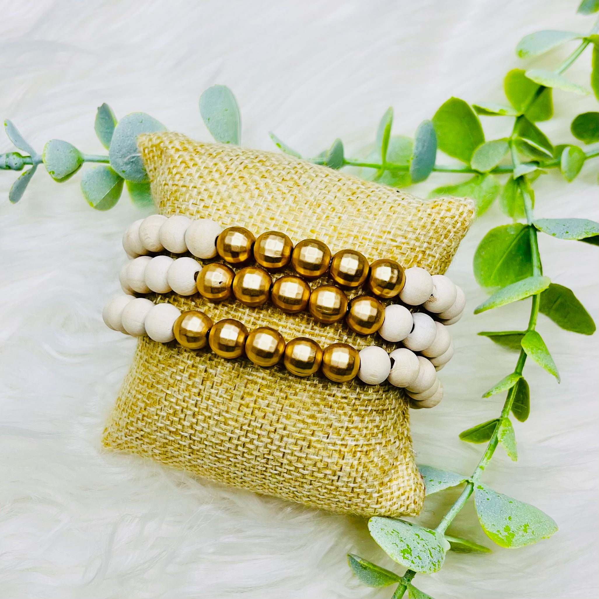 Wood Gold Beaded Bracelets Set of 3