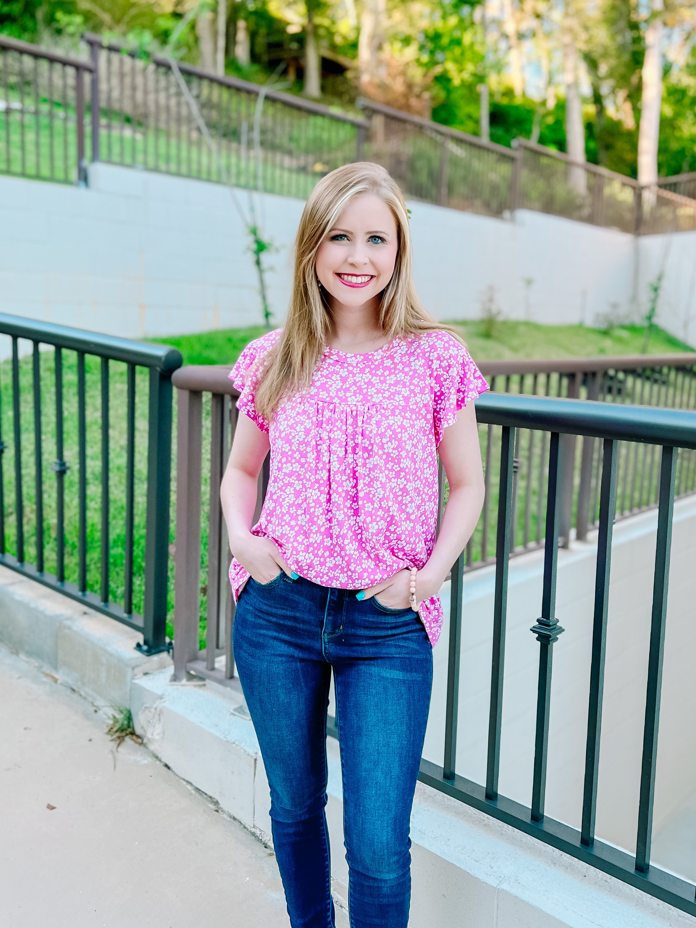 Fuchsia Floral Ruffle Short Sleeve Top- SALE