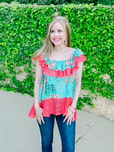 Teal Coral Ethnic Print Lace Ruffle Woven Top-PLUS