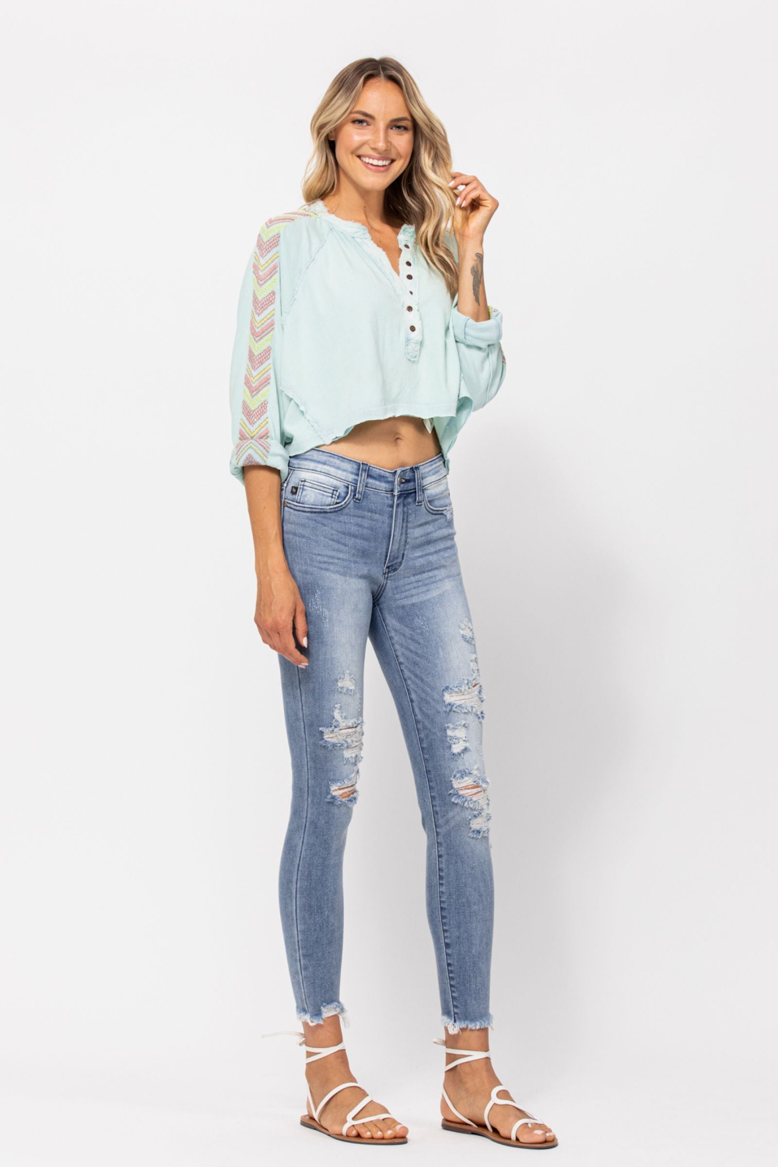 Judy Blue Medium Wash Mid Rise Skinny Destroyed Jeans - PLUS