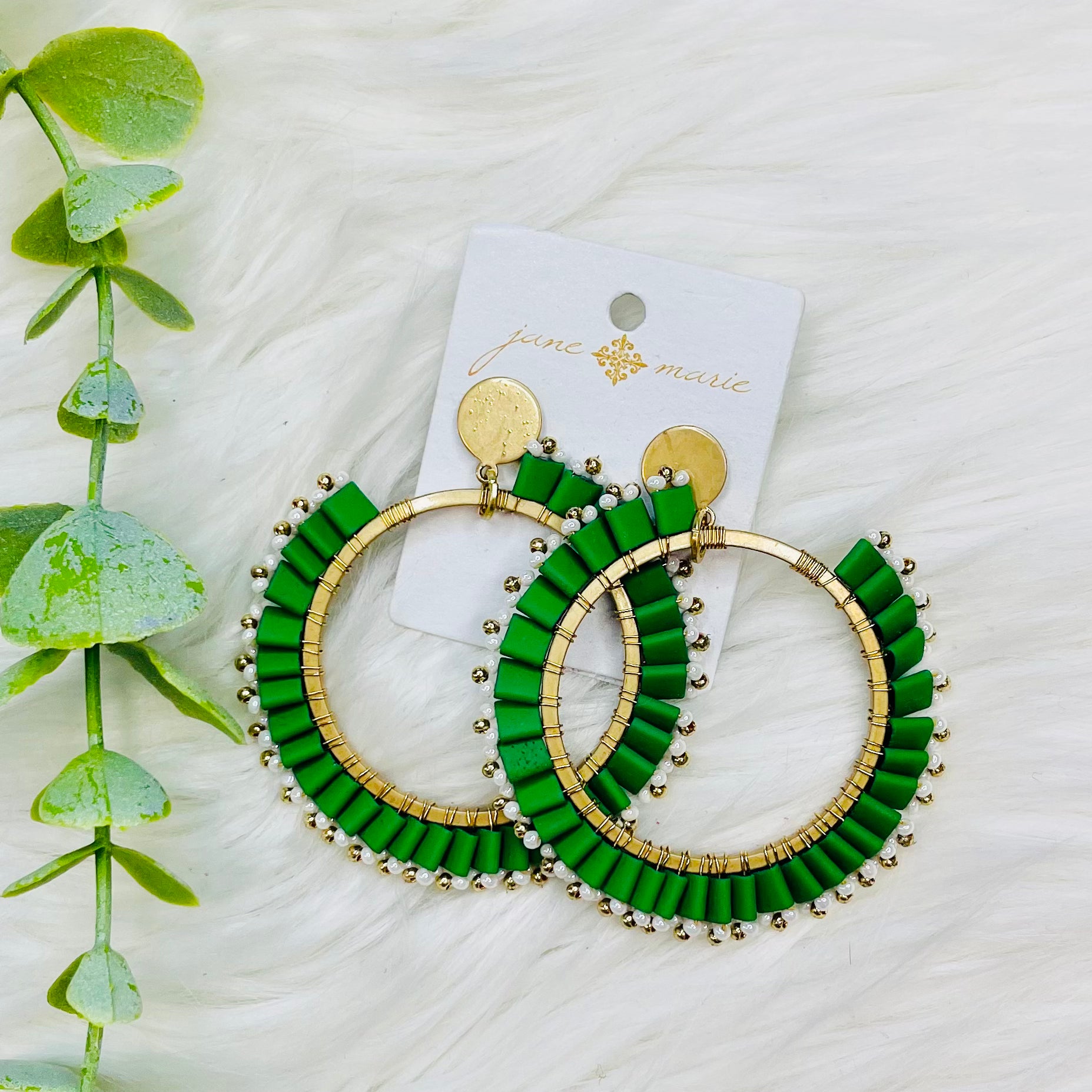 Green Beaded Round Earrings