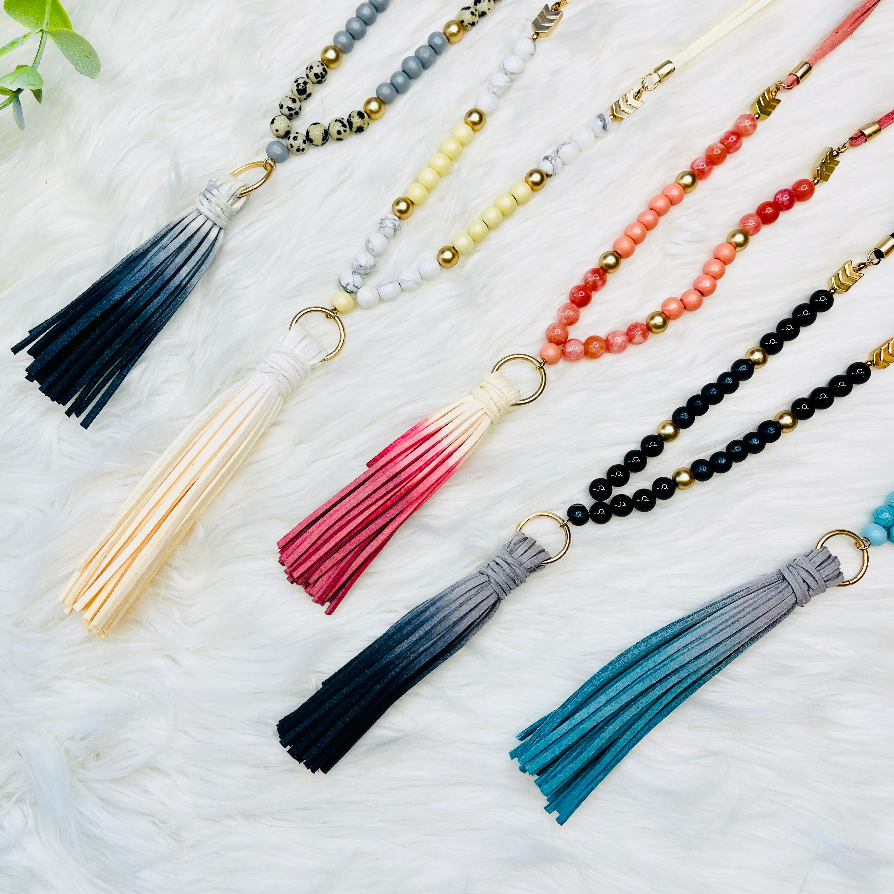 Wood Beaded Fabric Chain Tassel Necklace