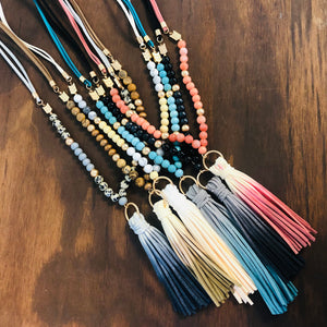 Wood Beaded Fabric Chain Tassel Necklace