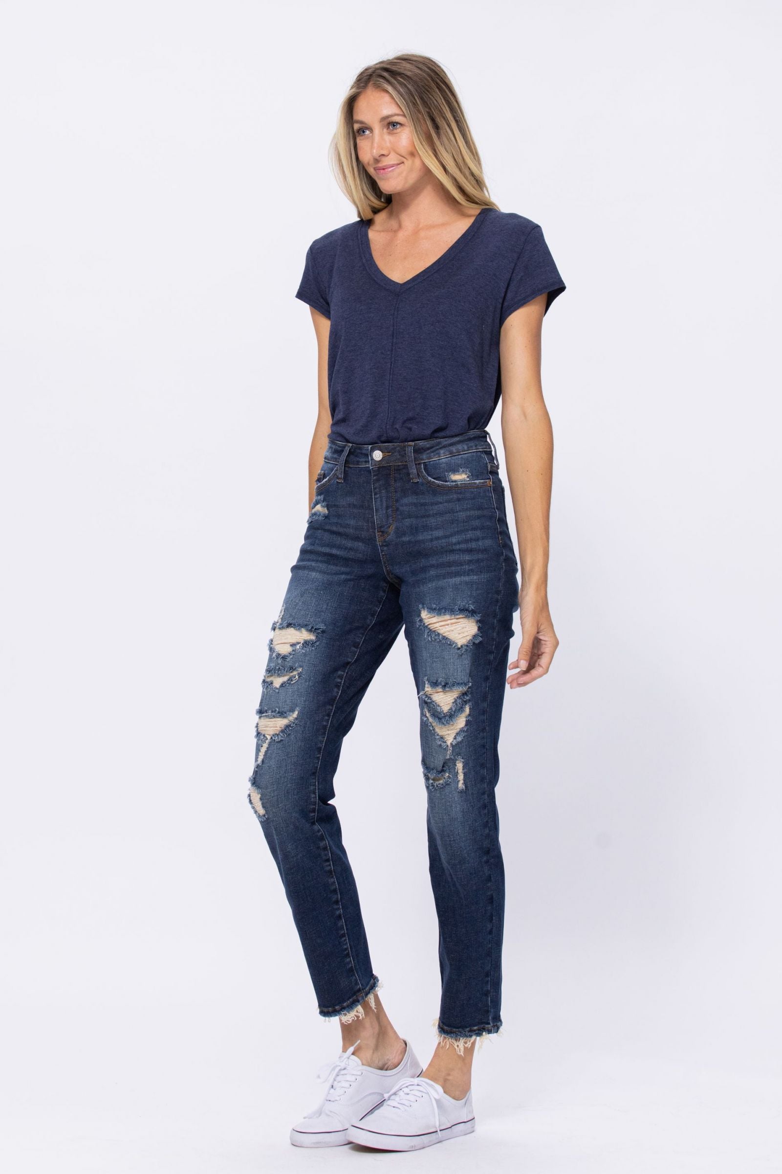 Judy Blue Darkwash Mid Rise Destroyed Boyfriend Jeans - PLUS