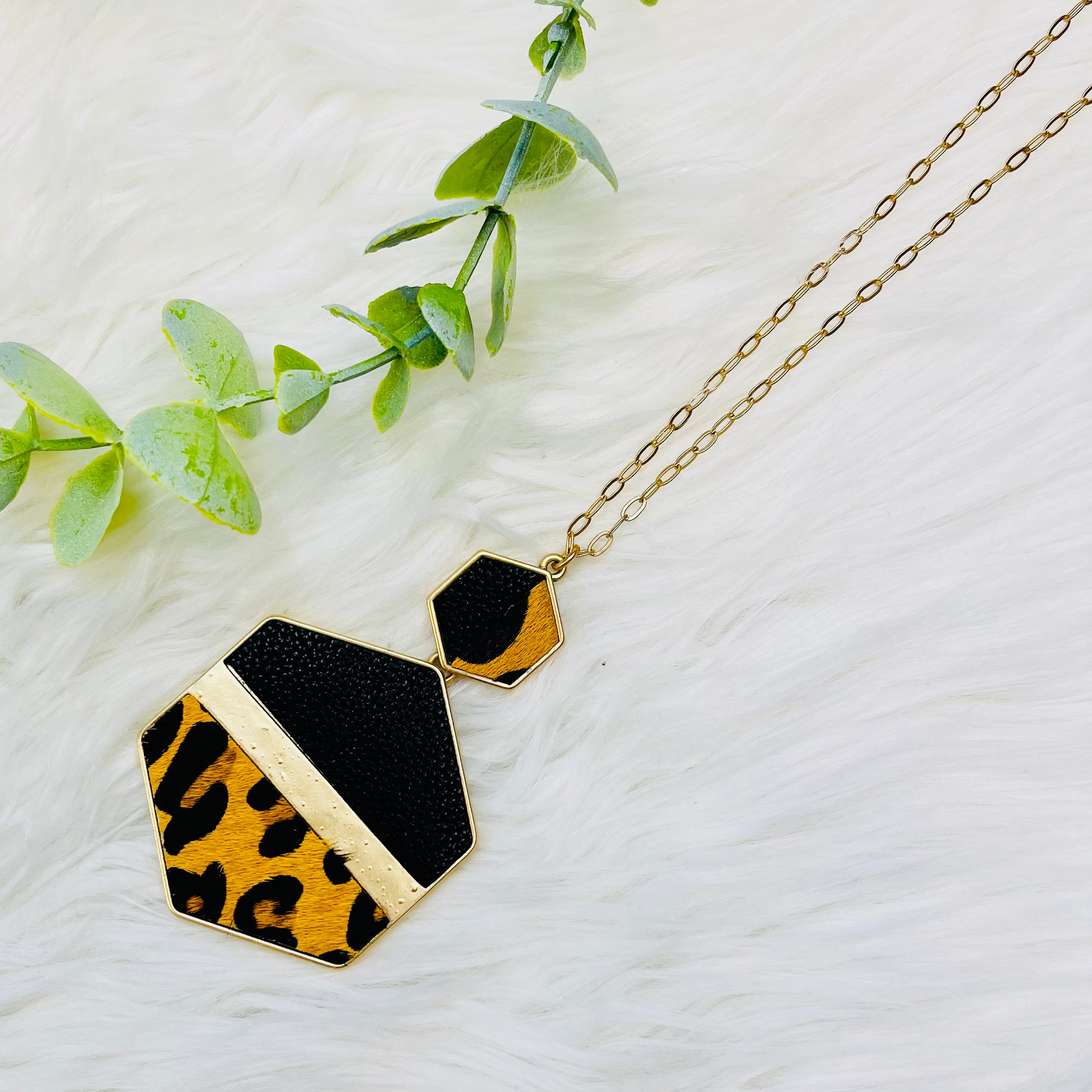 Leopard Leather Hexagon Necklace