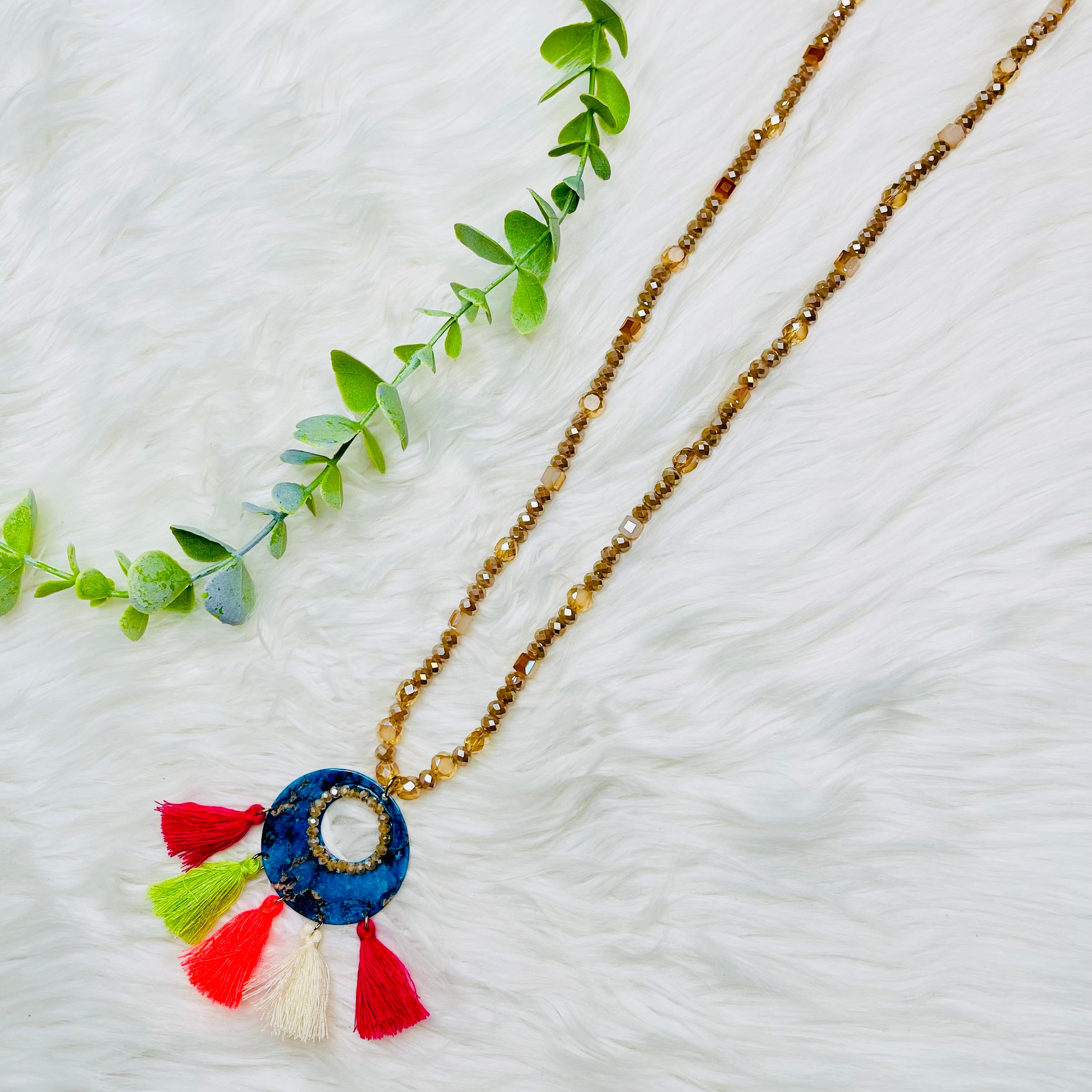 Blue Taupe Beaded Neon Tassel Necklace