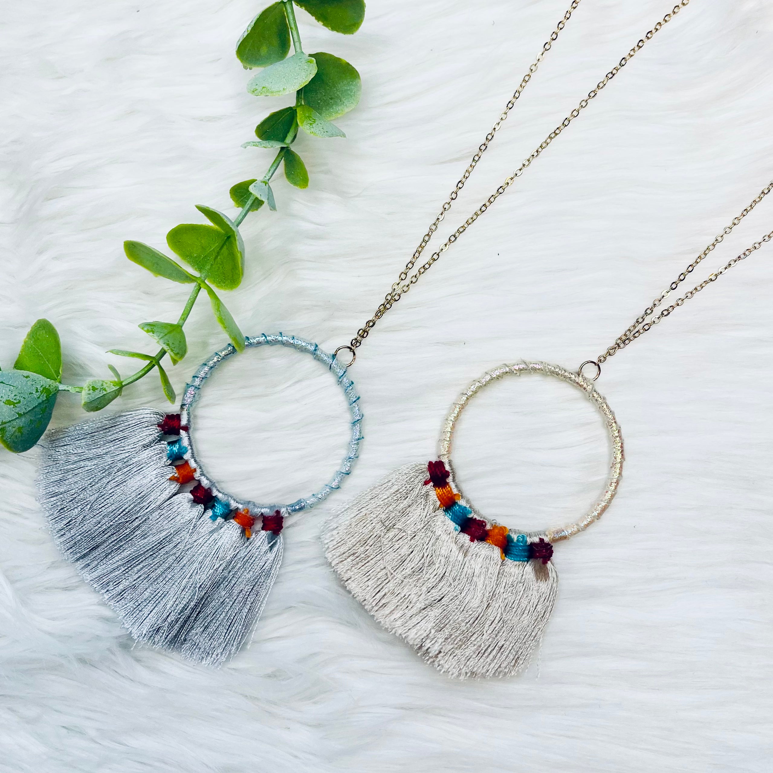 Fabric Wrapped Round Tassel Necklace