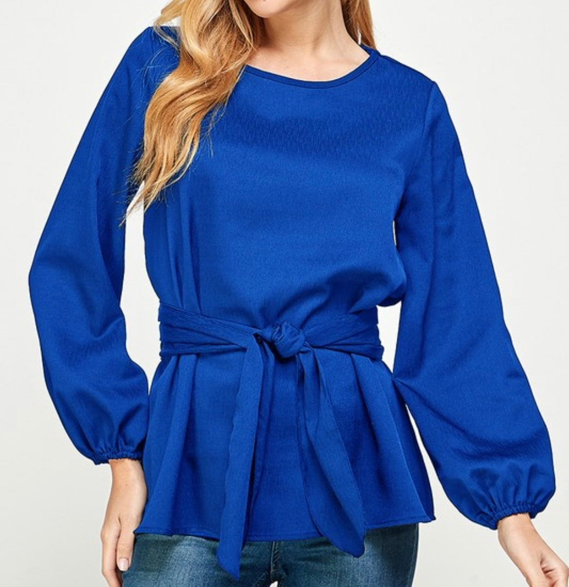 Royal Blue Tie Waist Bow Blouse